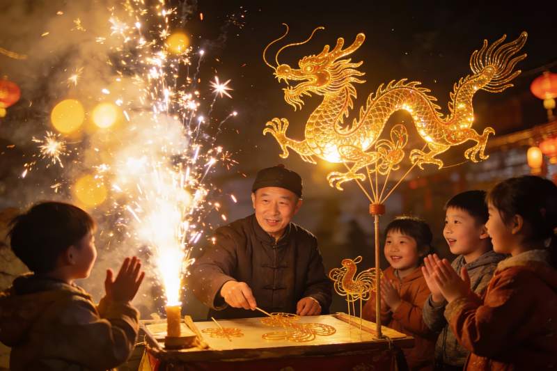 烟花龙灯前的欢庆夜景图片