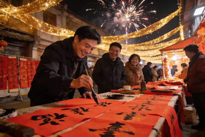 夜市烟花下写春联迎新春图片