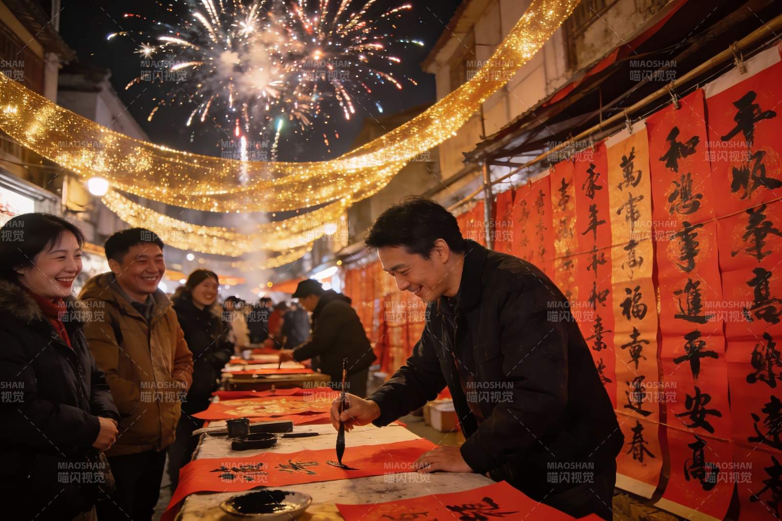 烟花下街头写春联迎新年图片