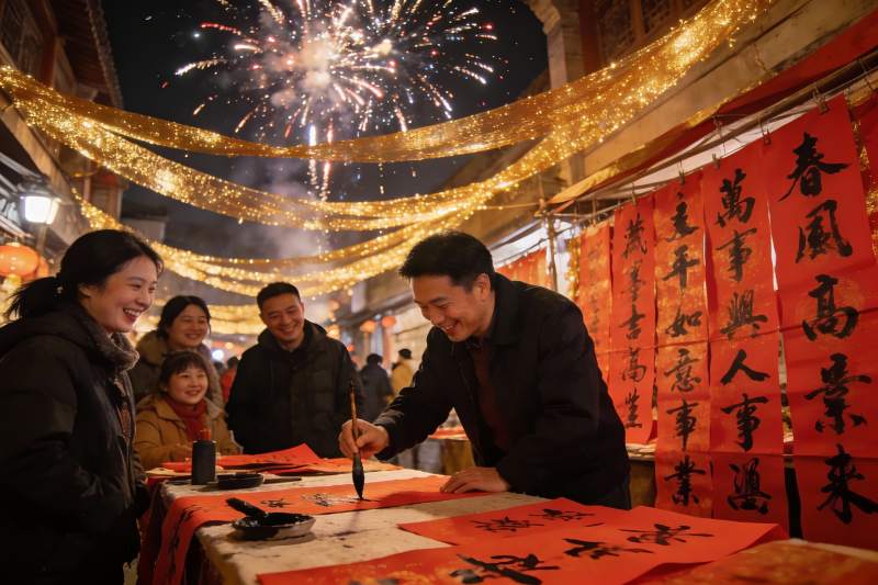 夜市烟花下写春联迎新春图片