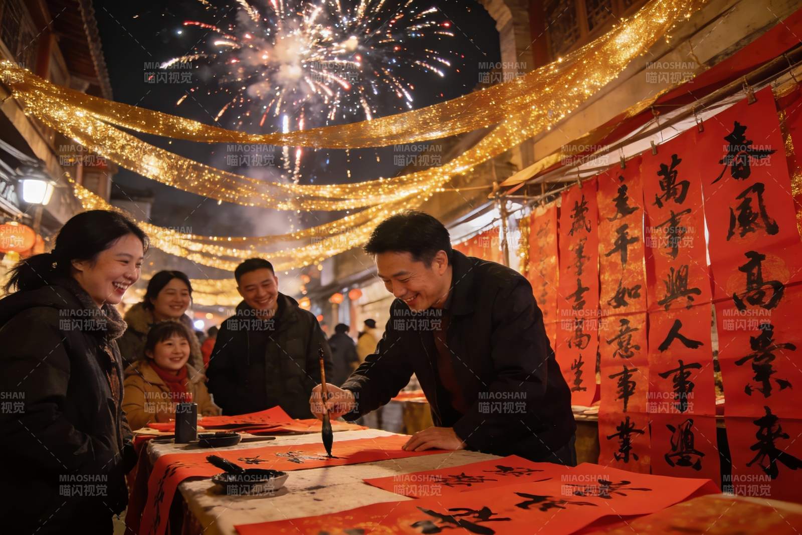 夜市烟花下写春联迎新春图片