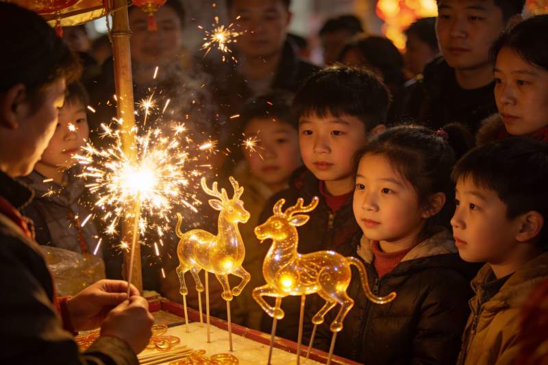 儿童围观手持烟花与发光鹿灯图片