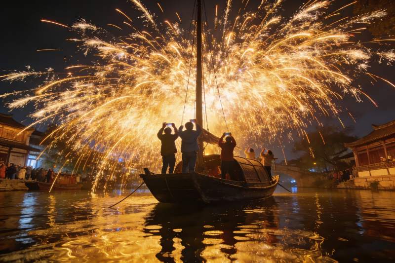 夜游船上烟花绽放游客拍照图片