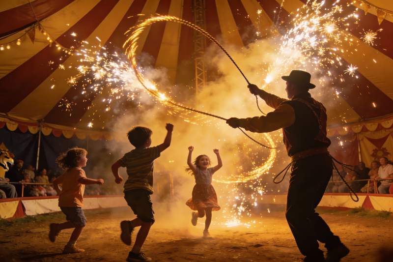 烟花表演中孩子们欢乐奔跑图片