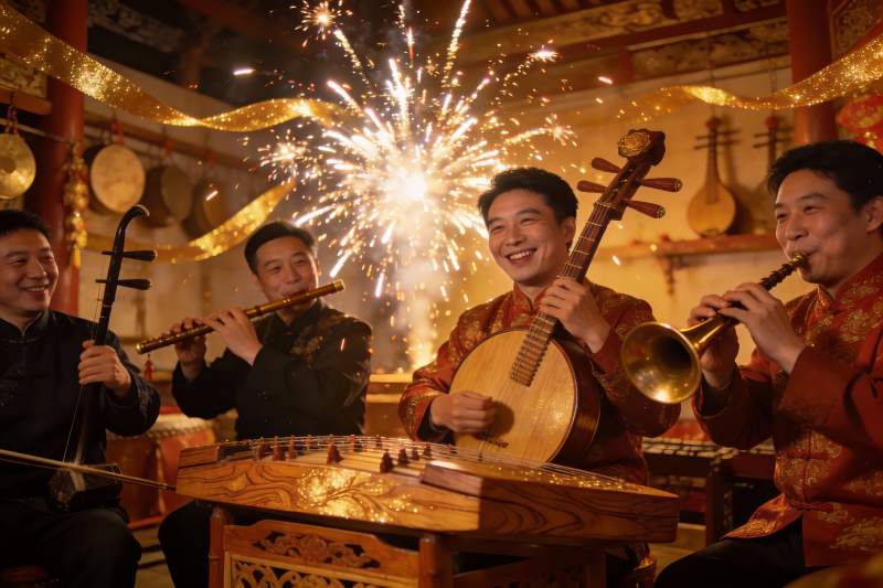 四位乐手演奏传统乐器庆祝节日图片