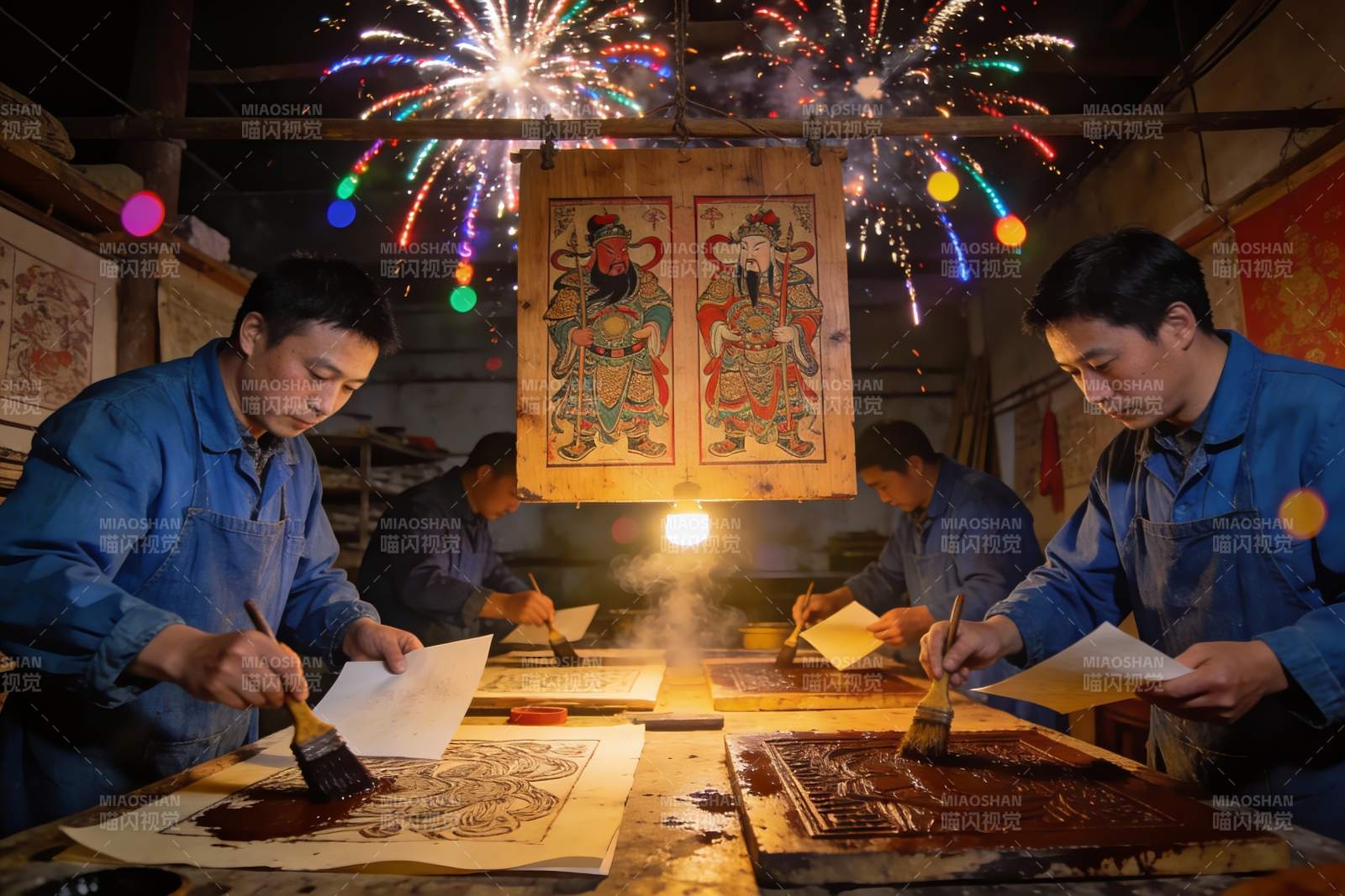 工匠制作传统木版年画烟花映衬图片