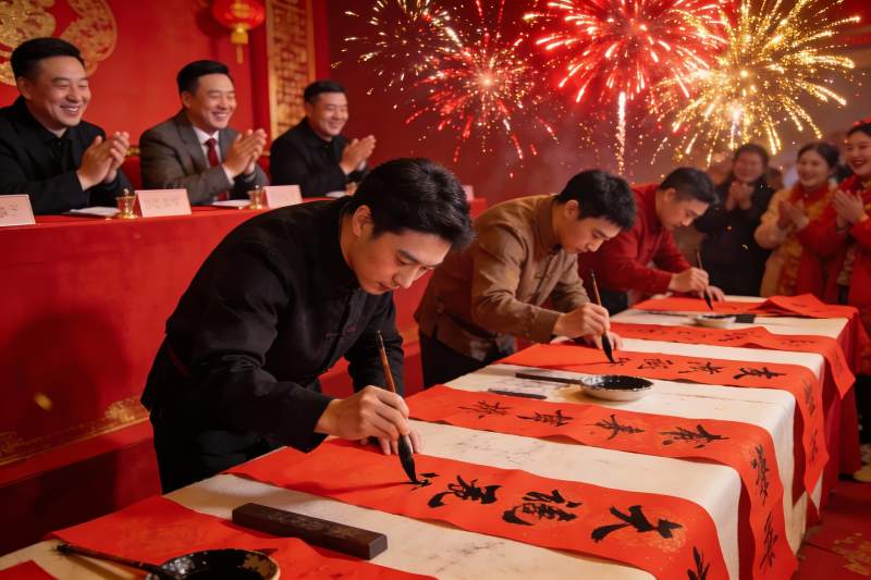 春节书法活动众人欢庆图片