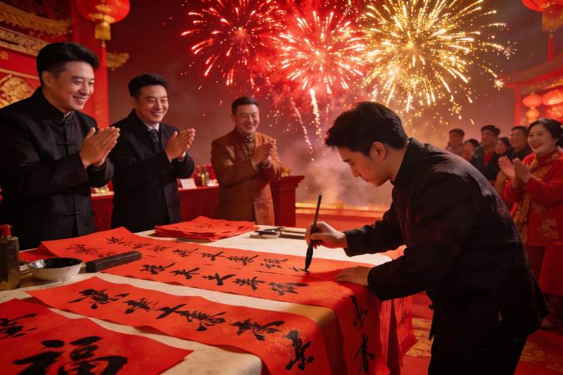 春节庆典中书法创作与烟花绽放图片