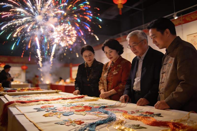 烟花下观赏精美刺绣作品图片