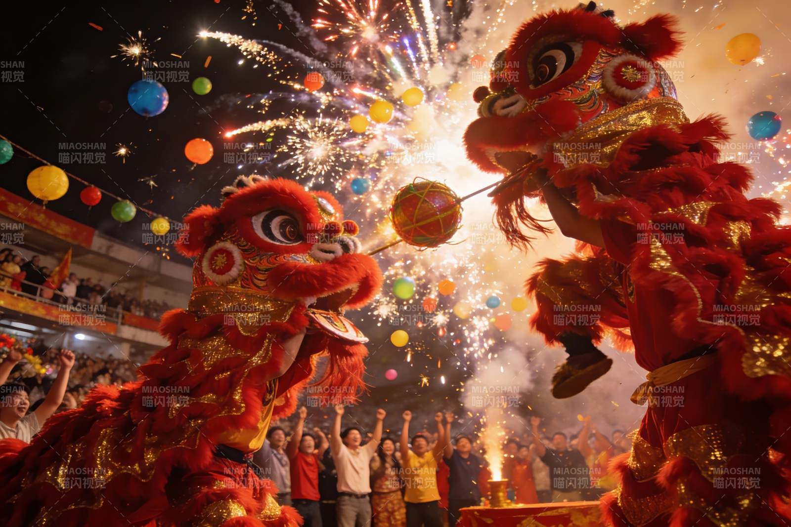 舞狮表演烟花璀璨夜图片