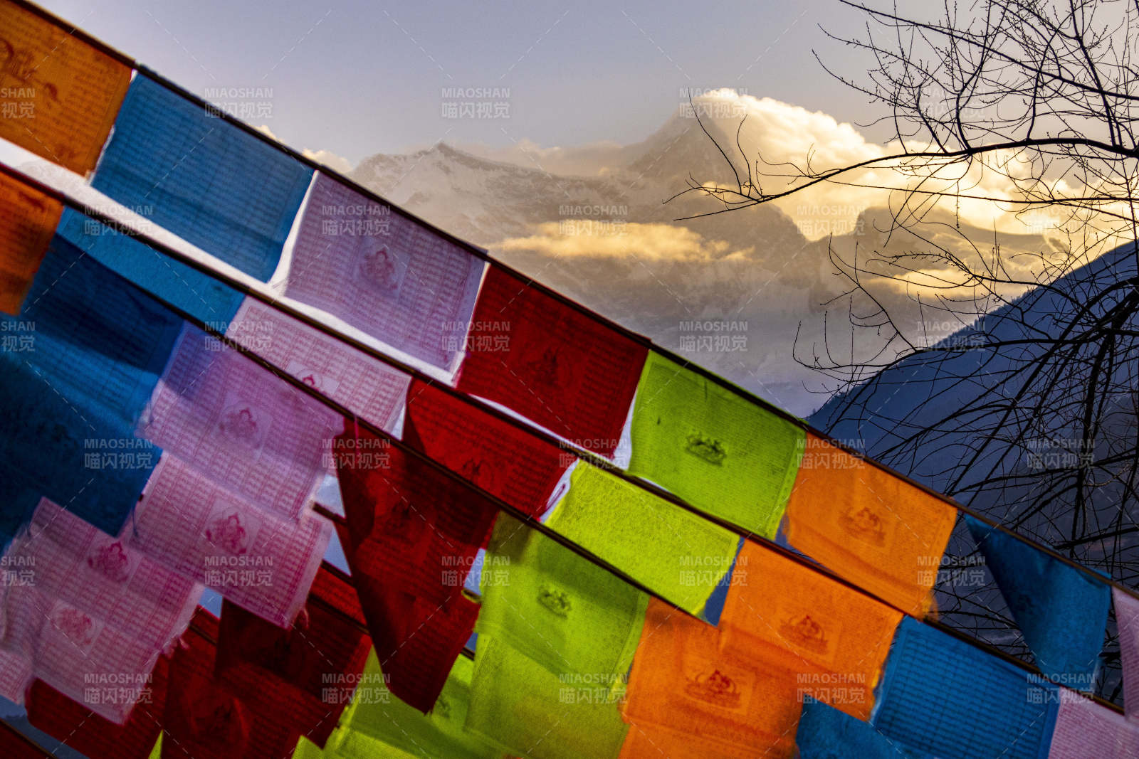 雪山下的经幡飘扬图片