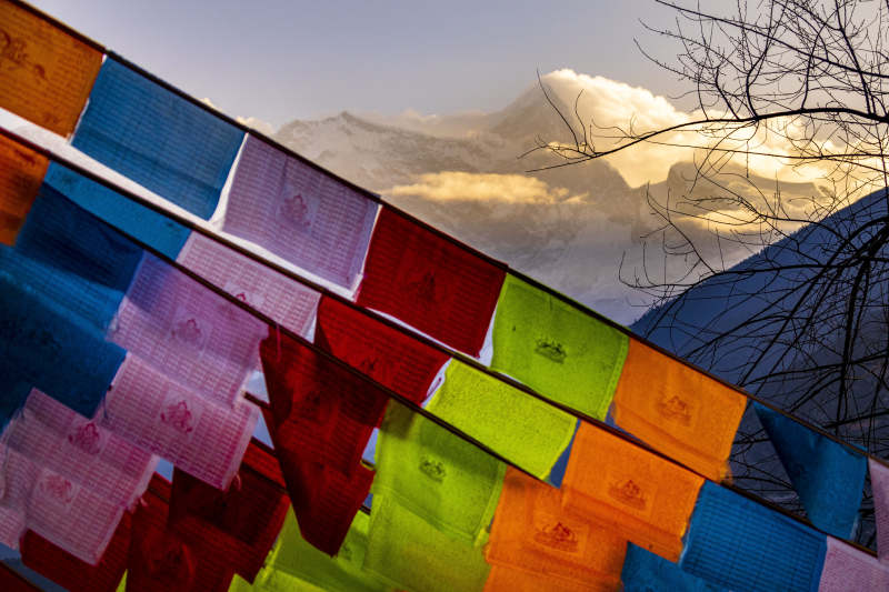 雪山下的经幡飘扬图片