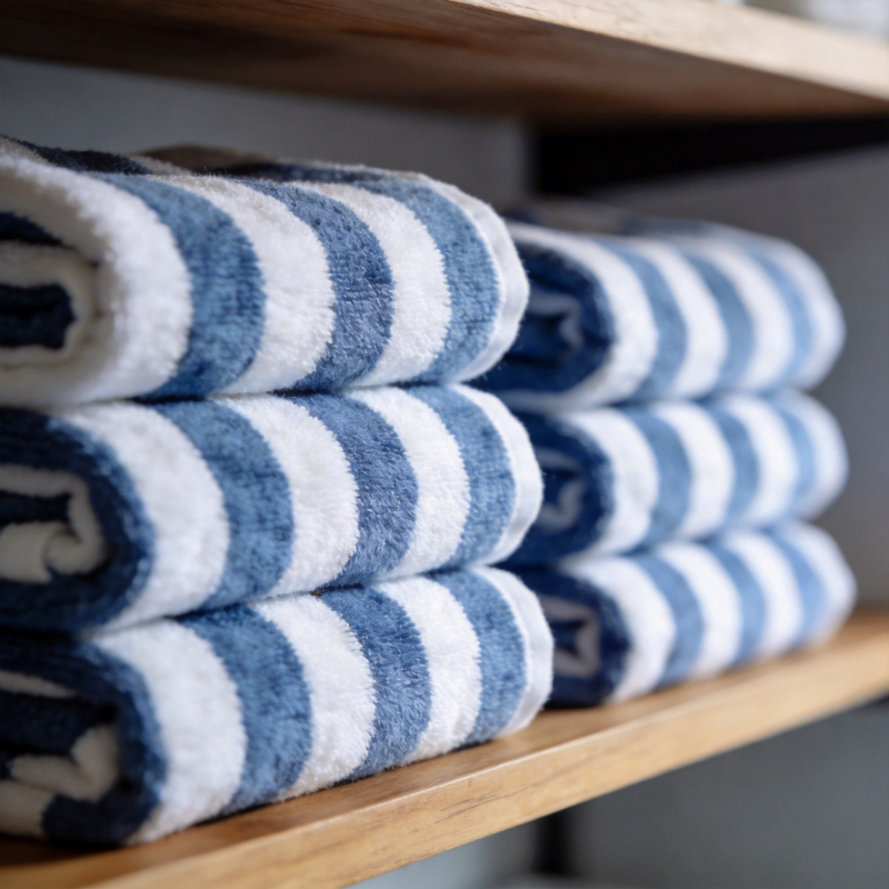 蓝白条纹毛巾叠放图片