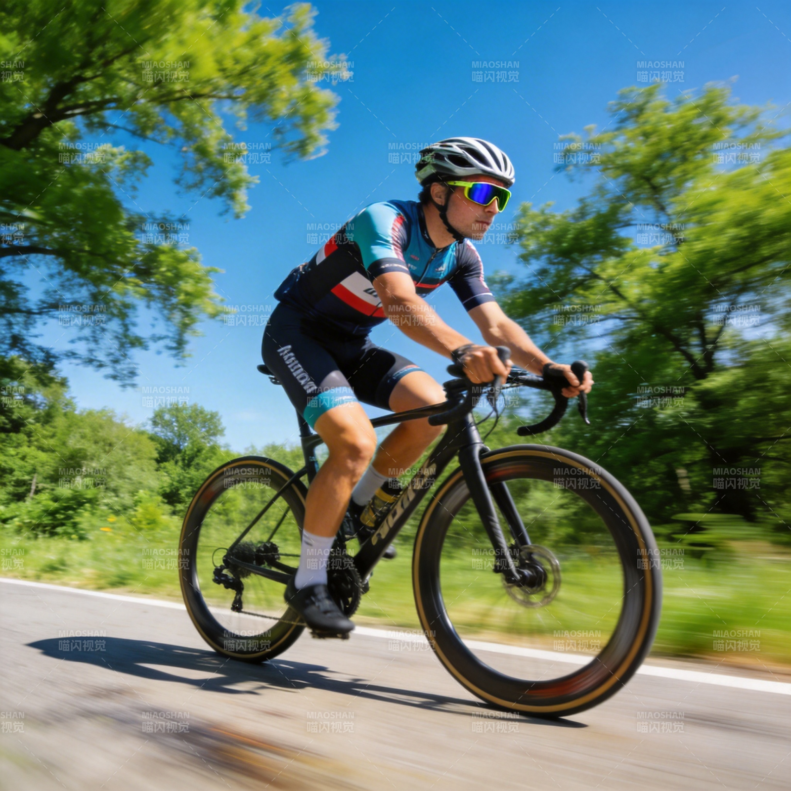骑行者疾驰于林间图片