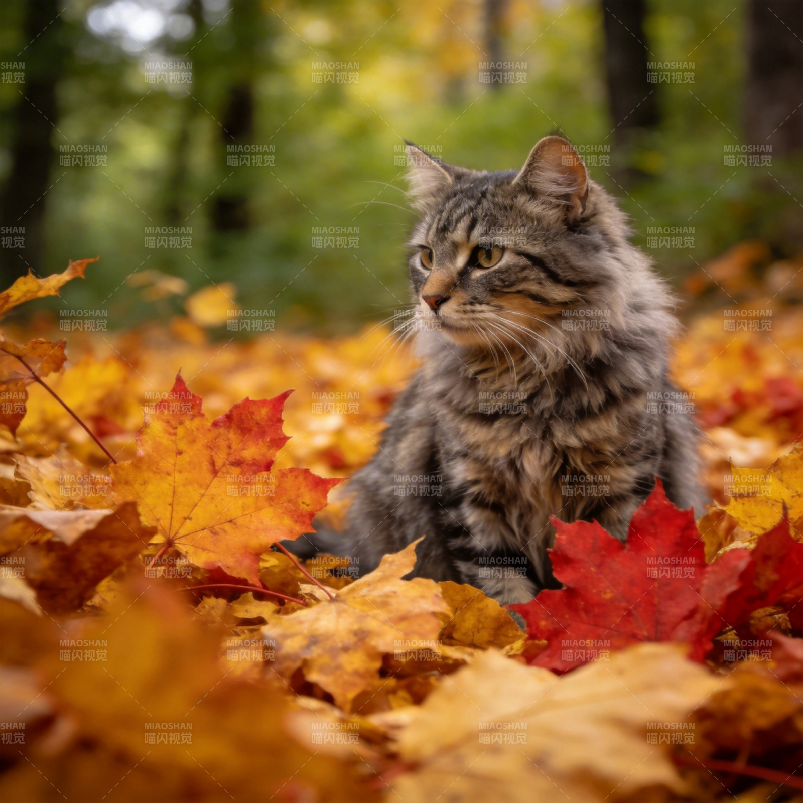 秋叶中的猫咪图片