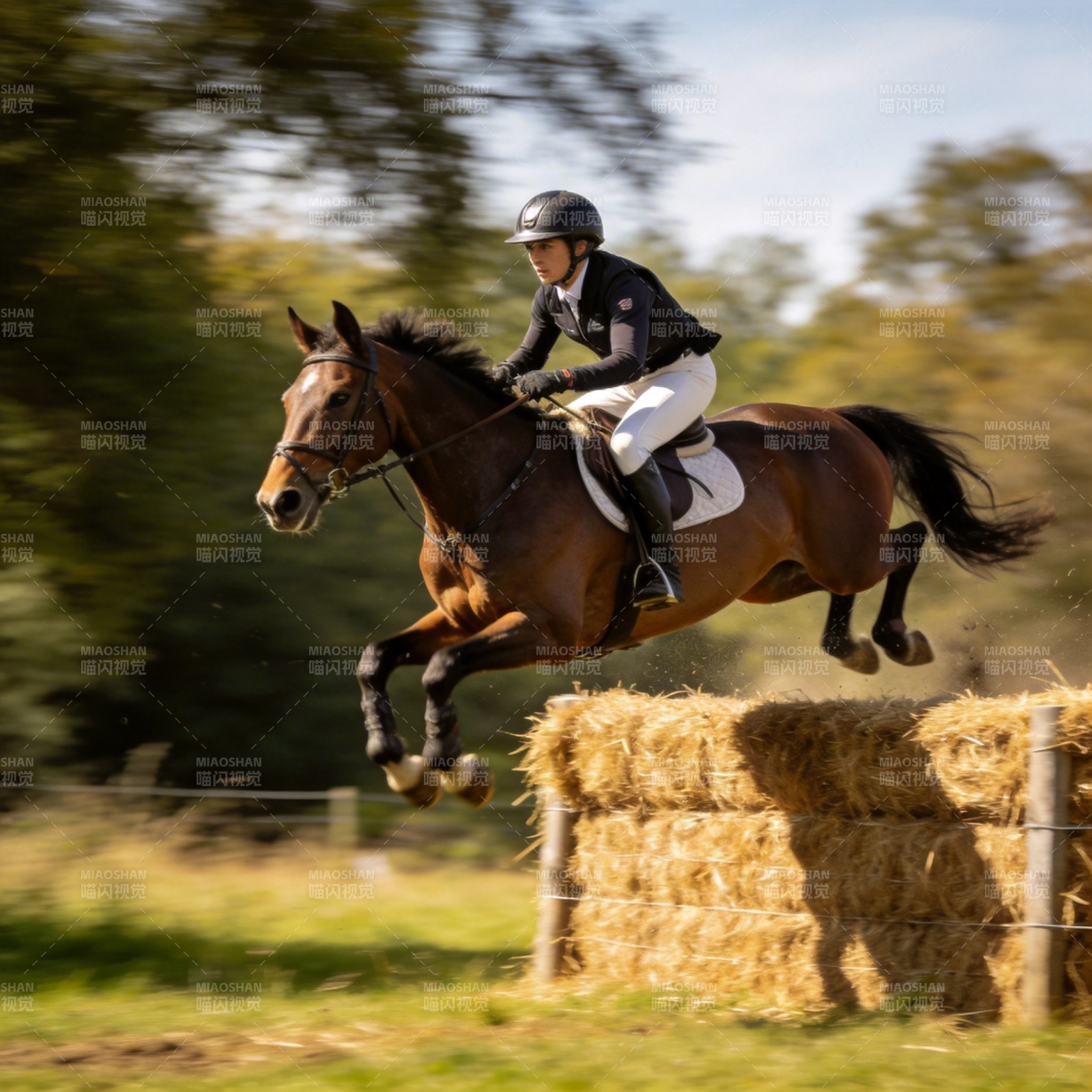 骏马飞跃草垛图片