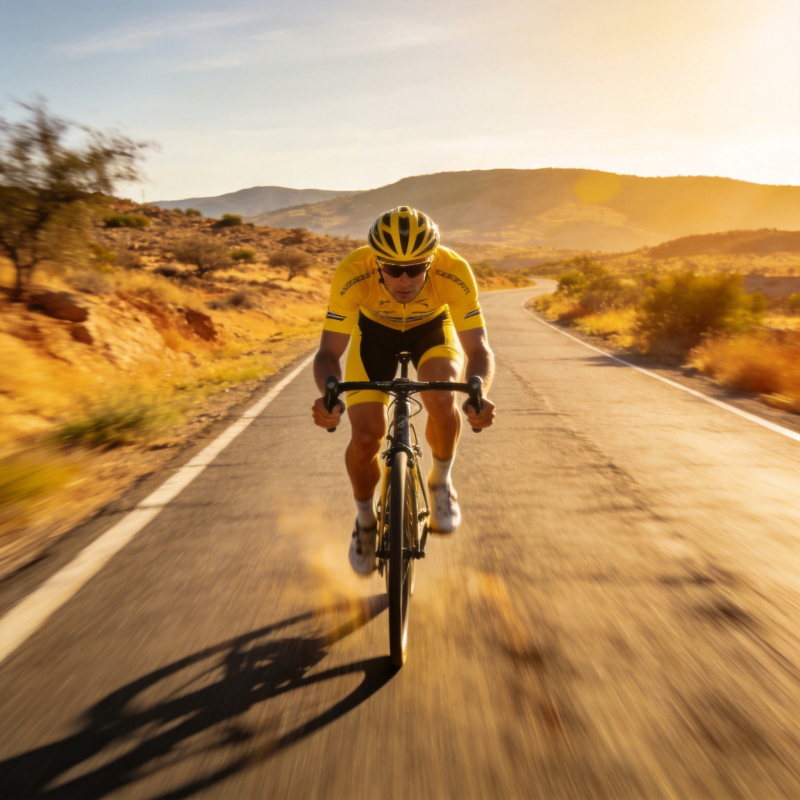 黄衫骑行者疾驰于荒漠公路图片