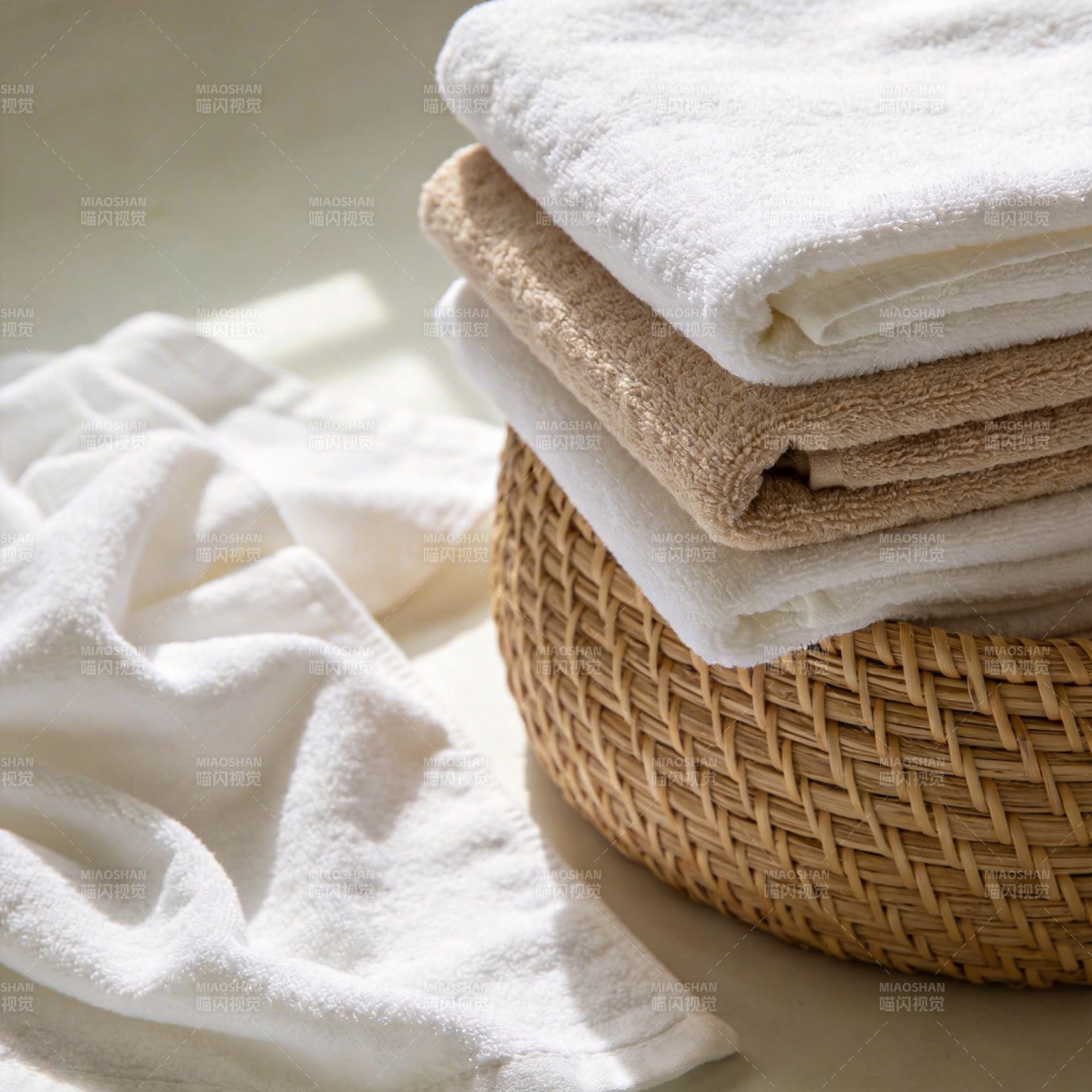 柔软毛巾叠放篮中图片