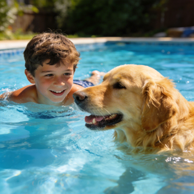 男孩与金毛泳池嬉戏图片