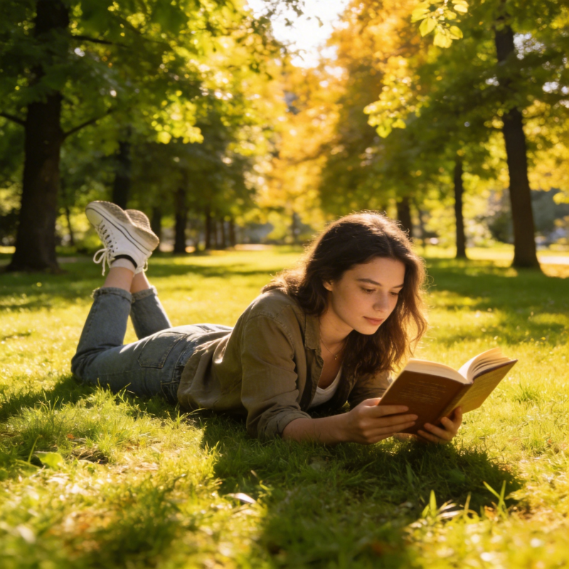 公园读书的女孩图片