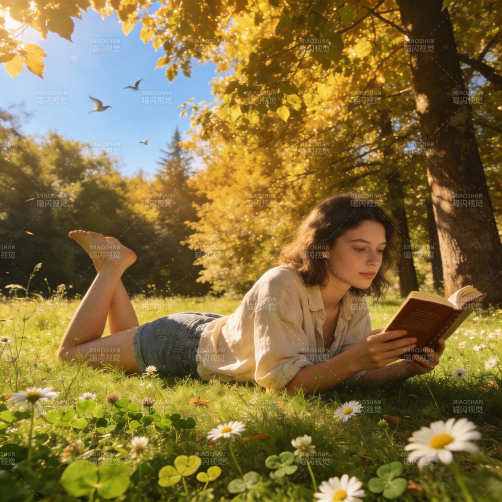 秋日林间阅读图片