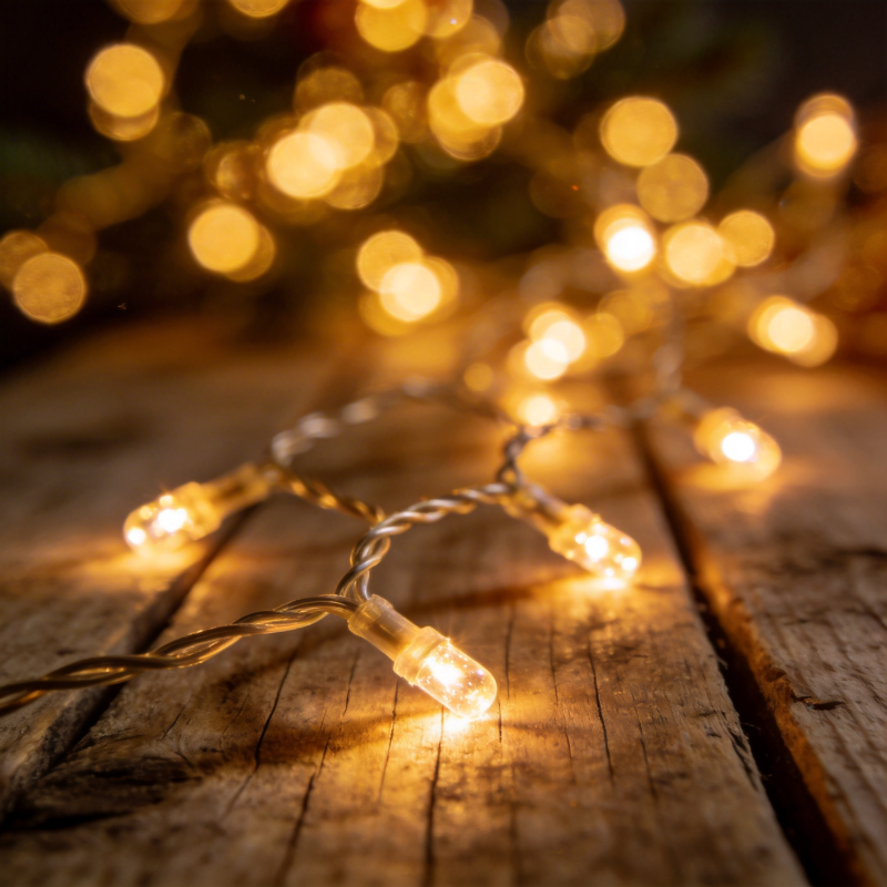 暖光灯串木桌图片