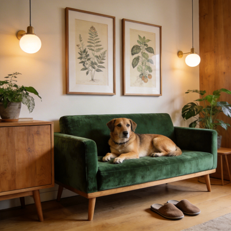 绿沙发上的狗狗图片