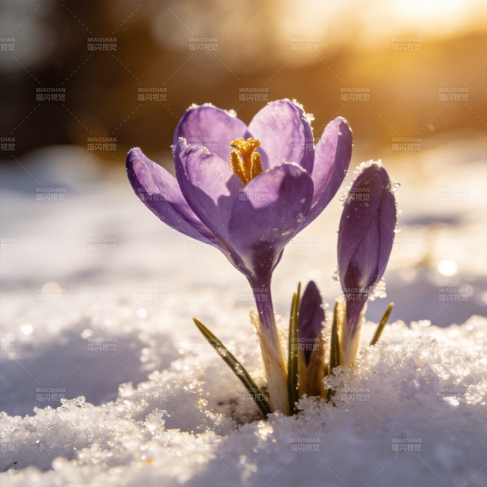 雪中紫花绽放图片