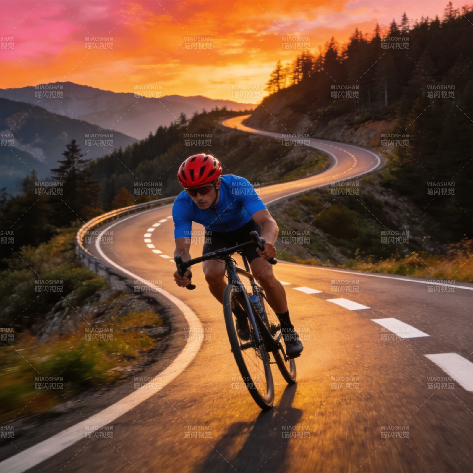 骑行山间日落时图片