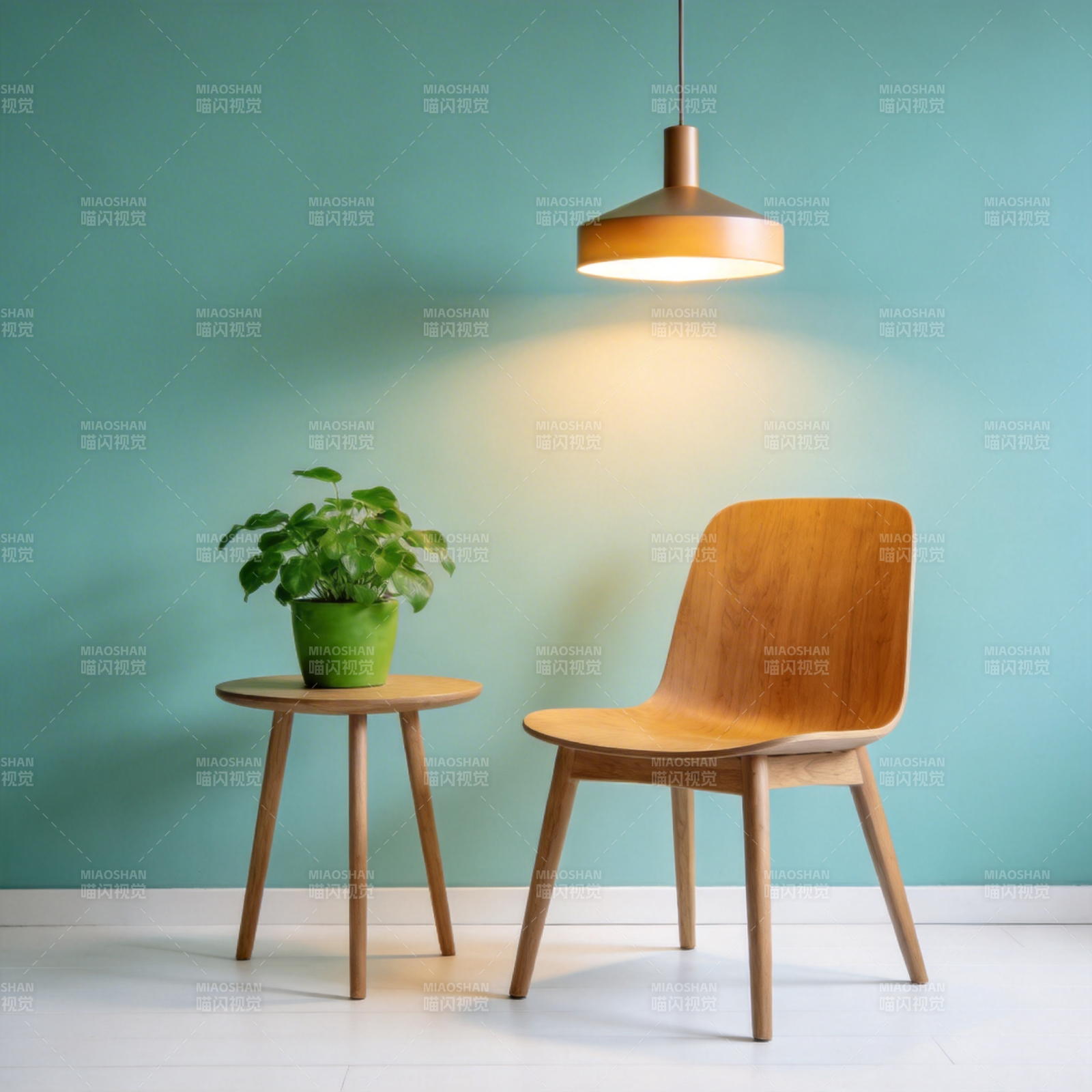 简约木椅与绿植图片