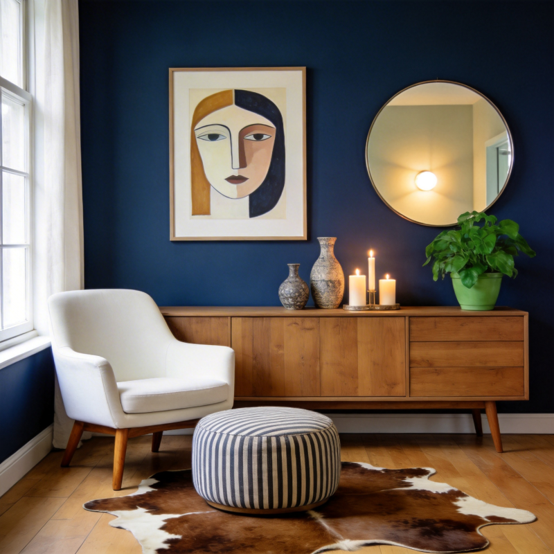 蓝墙艺术客厅一角图片