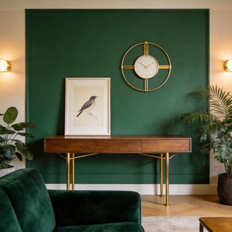 绿墙木桌金钟饰图片