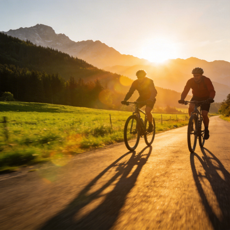 夕阳骑行山间路图片