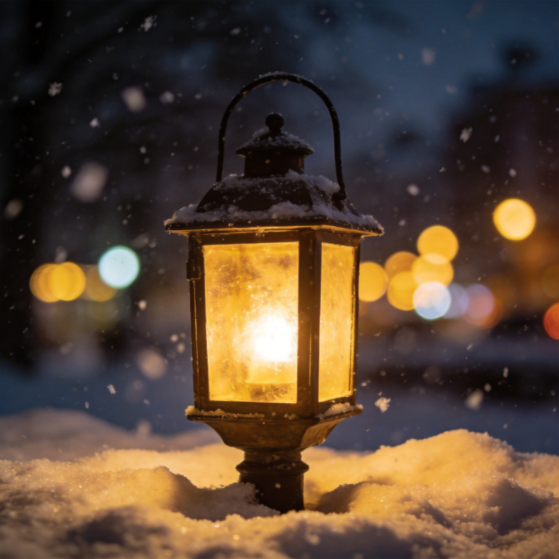 雪夜灯影图片