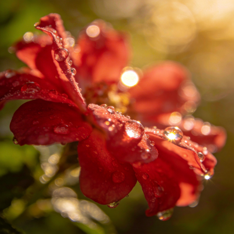露珠红花晨光中图片