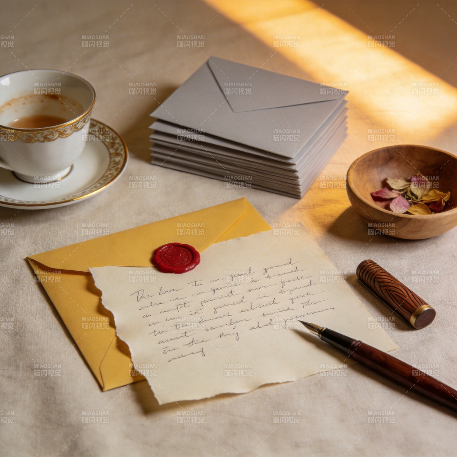 手写信与茶香时光图片