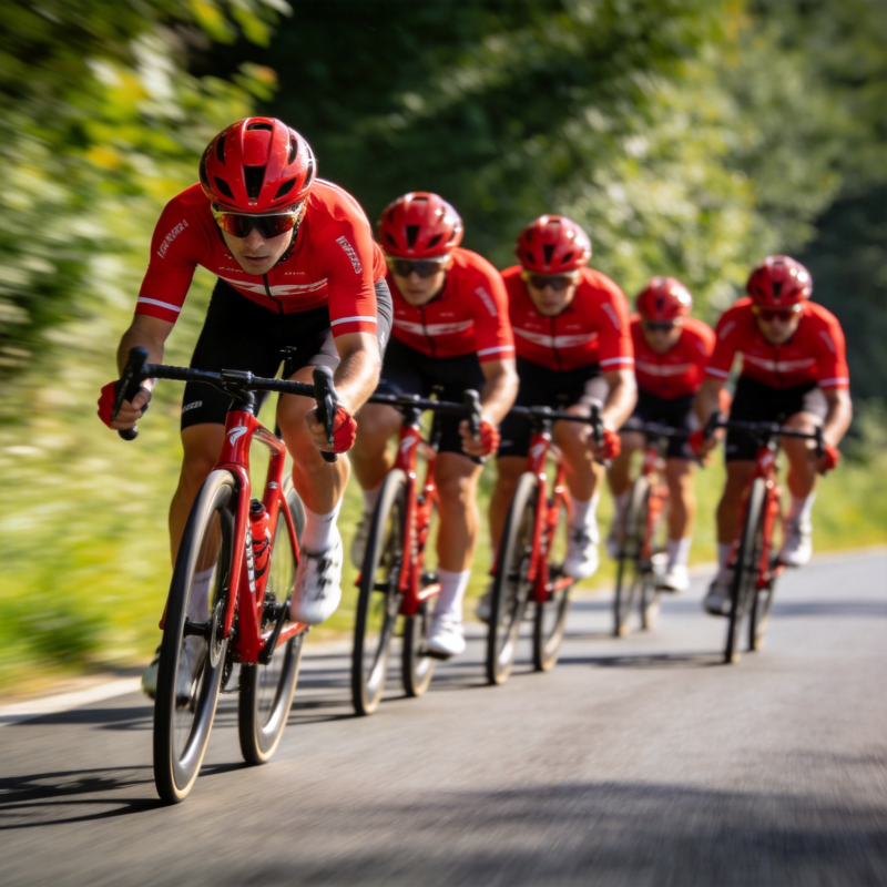 红色骑行队疾驰中图片