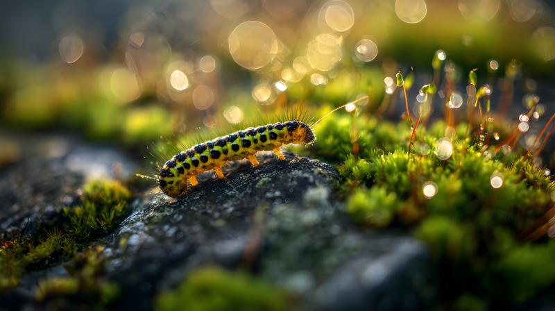 斑斓毛虫爬行于青苔图片