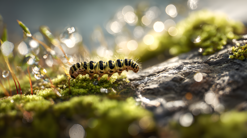 毛毛虫爬行于青苔图片