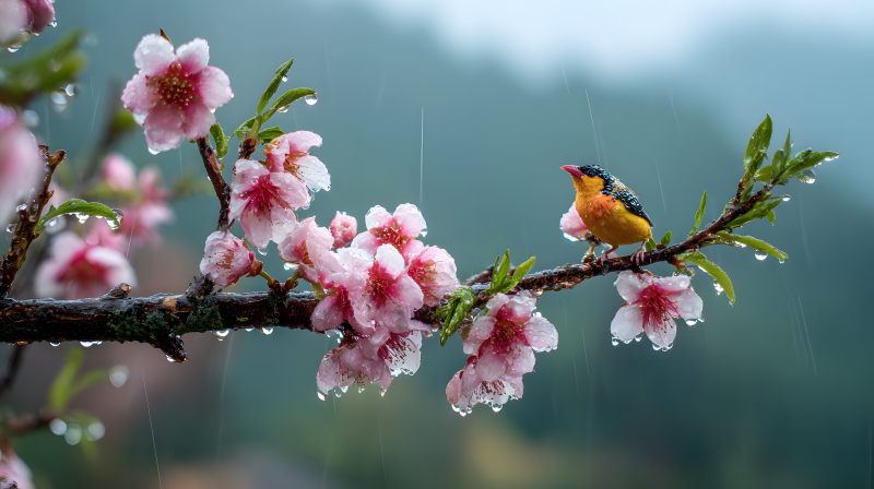 春雨花枝鸟栖息图片