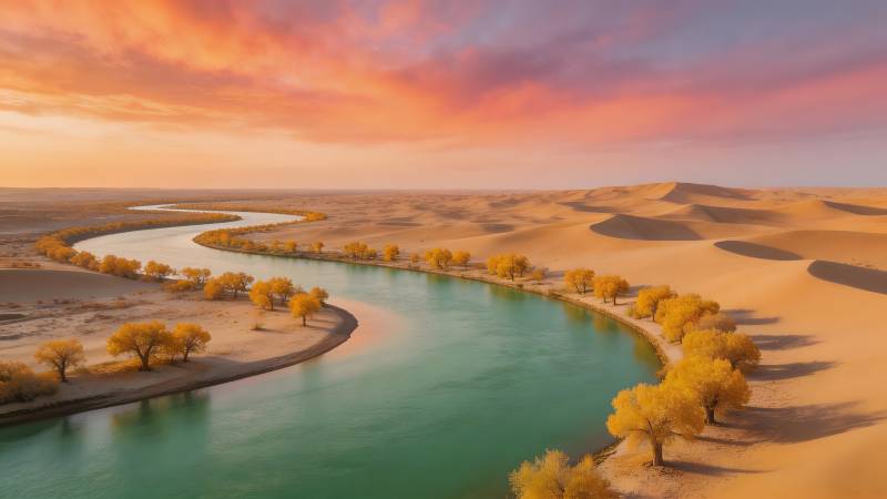 沙漠绿洲日落图片