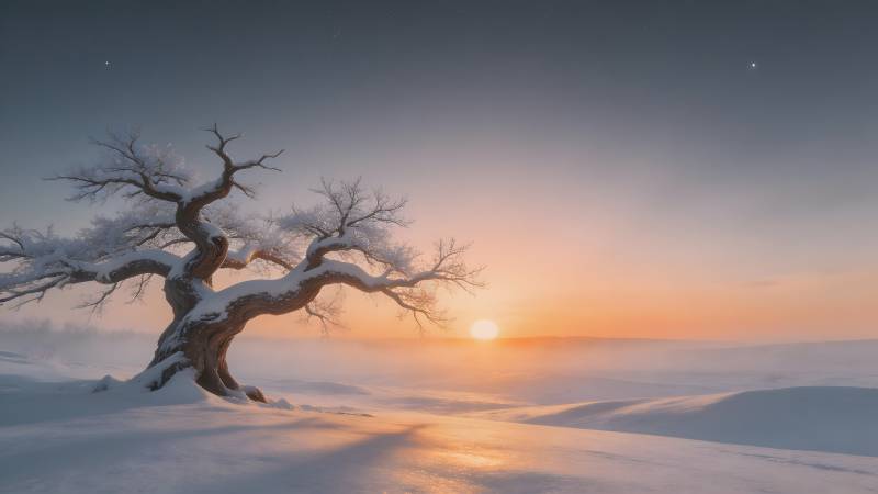 雪原孤树日出图片