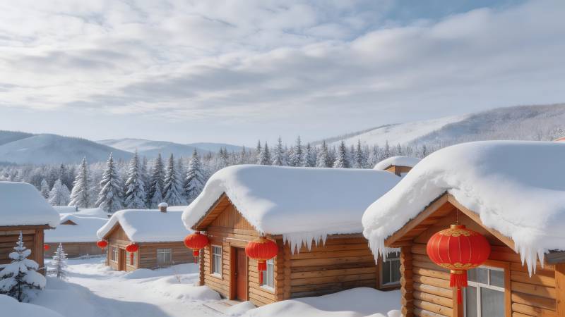 雪乡木屋红灯笼图片