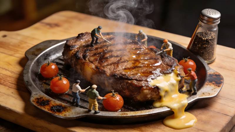 牛排上的微型世界图片