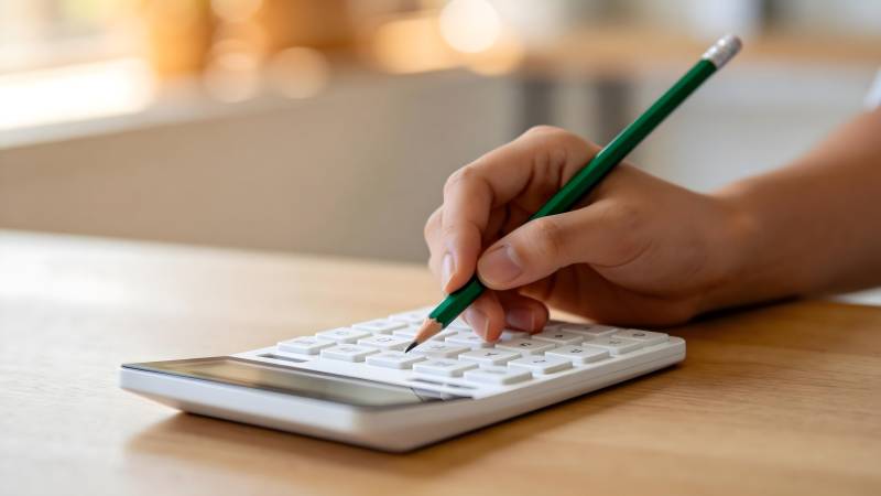 手握铅笔点计算器图片