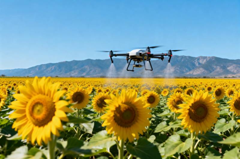 无人机喷洒向日葵田图片