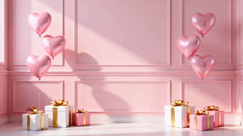 粉色礼盒与爱心气球图片