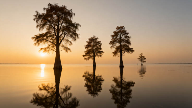 湖畔日落树影图片