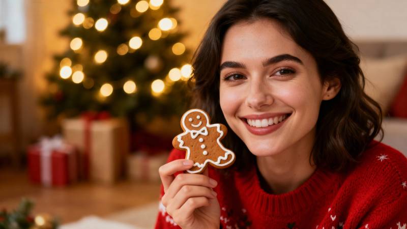 圣诞女孩笑捧姜饼人图片
