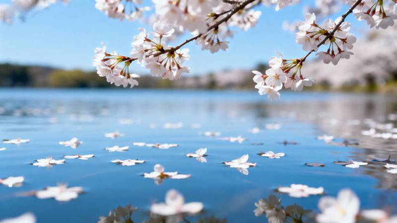 樱花飘落湖面图片